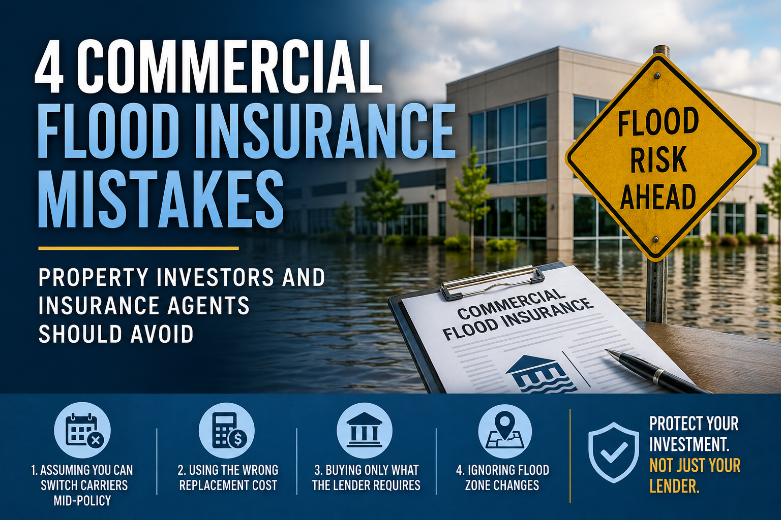 Commercial flood insurance mistakes infographic showing a flooded commercial building, flood risk sign, and the four biggest mistakes property investors and insurance agents should avoid, including switching carriers mid-policy, incorrect replacement cost, lender-only coverage, and ignoring flood zone changes.