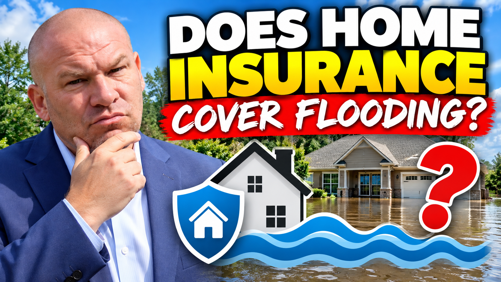 Homeowner considering whether home insurance covers flooding, with a flooded house, home insurance shield, and floodwater in the background.