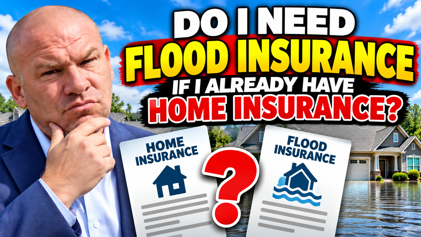  Homeowner comparing home insurance and flood insurance while asking, “Do I need flood insurance if I already have home insurance?” with a flooded home in the background.