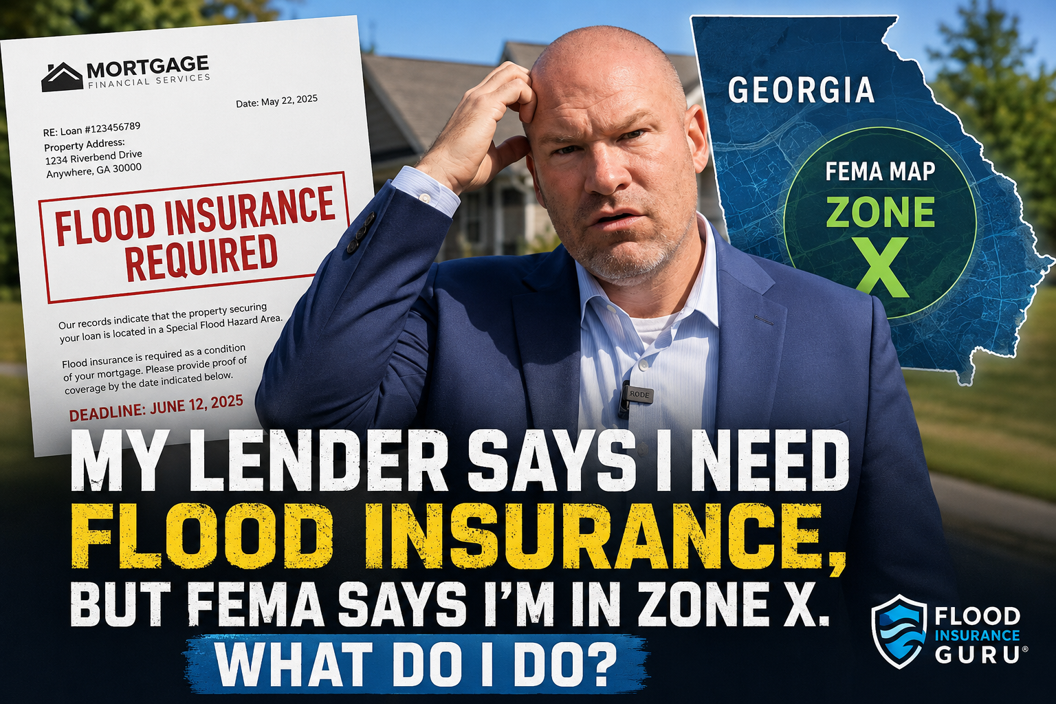 Alt text: Chris Greene of Flood Insurance Guru looks confused while comparing a lender notice requiring flood insurance with a FEMA map showing the property in Flood Zone X.