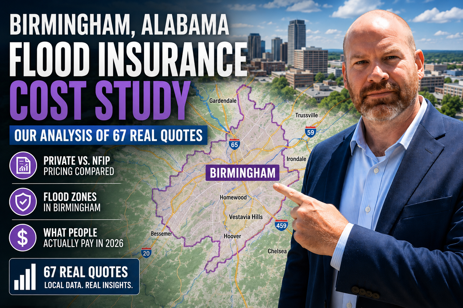 Birmingham, Alabama flood insurance cost study featuring Chris Greene with a map of Birmingham highlighting analysis of 67 real flood insurance quotes.