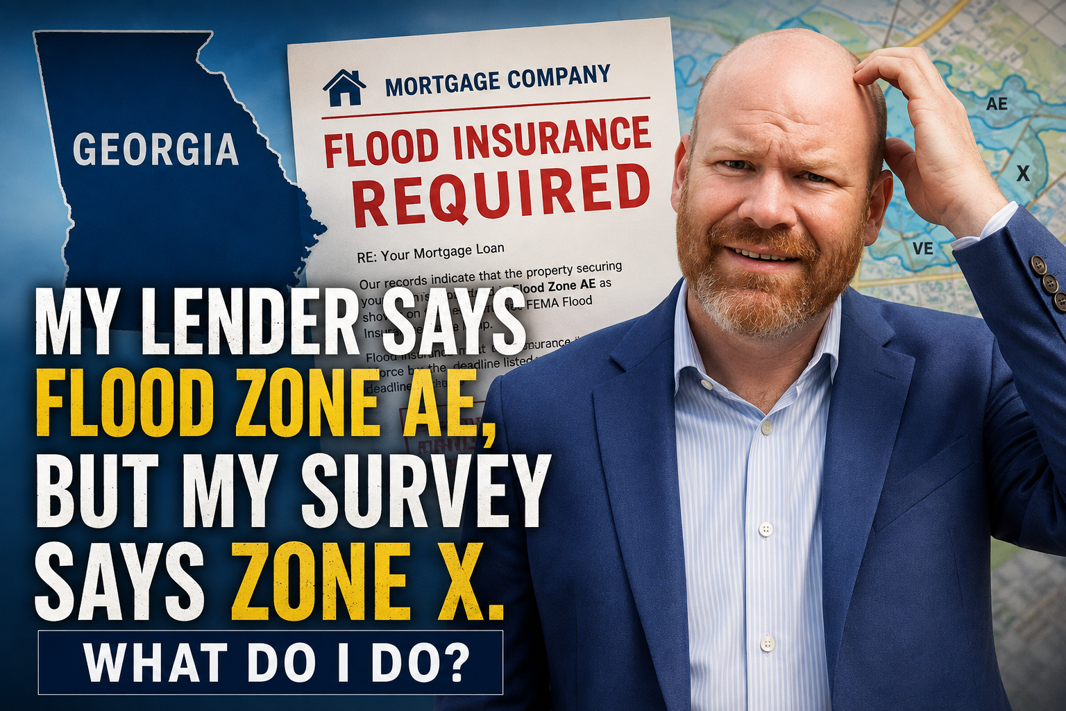 Chris Greene of Flood Insurance Guru with a Georgia map and mortgage flood insurance notice illustrating a lender saying Flood Zone AE while a property survey says Zone X.