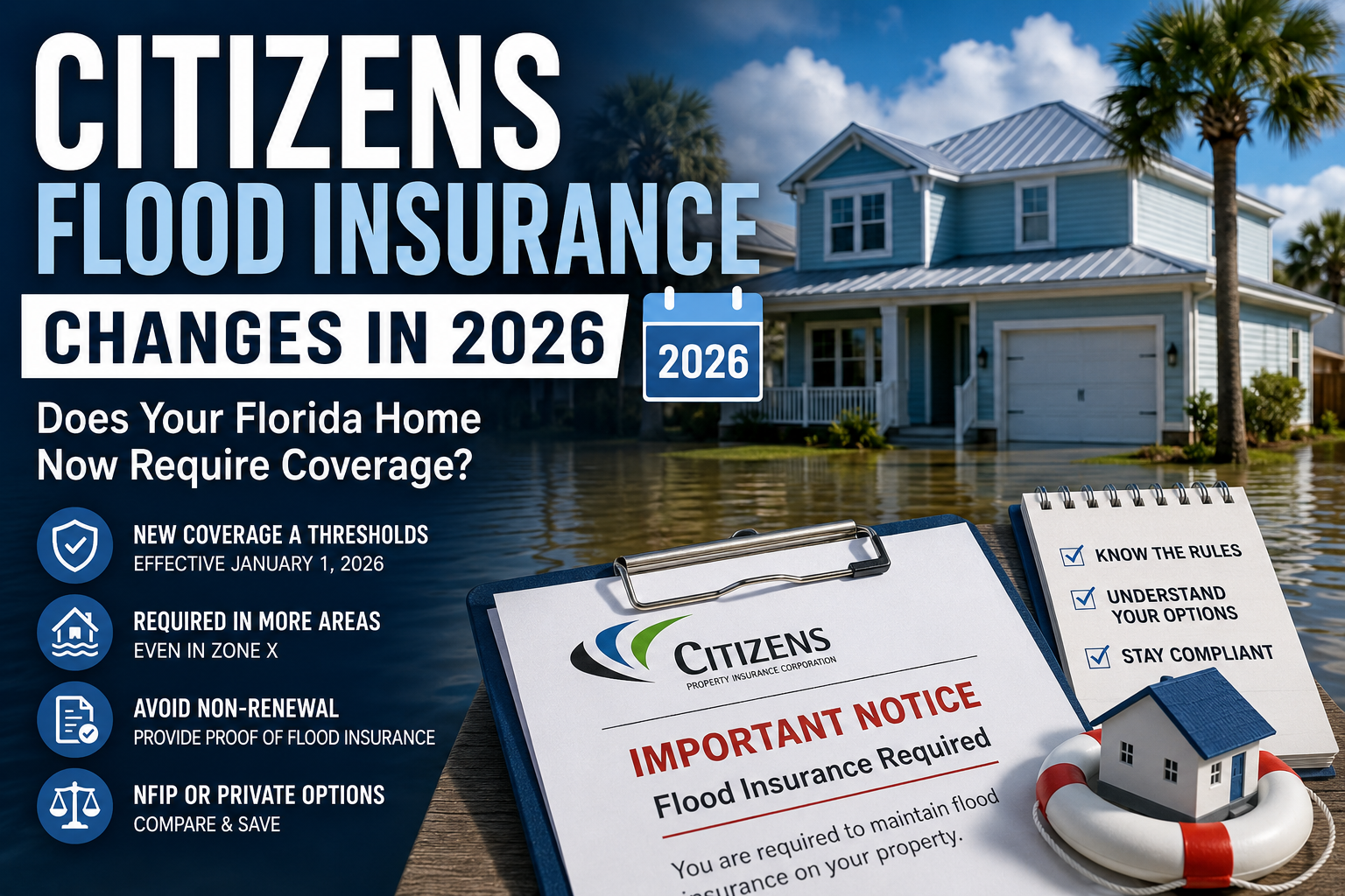 Florida homeowner reviewing new Citizens flood insurance requirements for 2026 with flooded home background, Coverage A mandate notice, Zone X compliance information, and NFIP versus private flood insurance options.