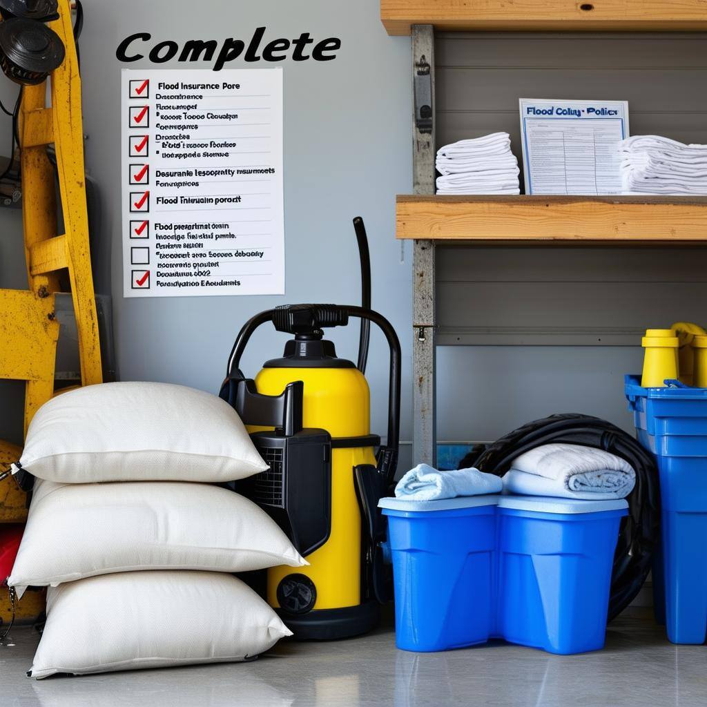A garage with flood preparation supplies such as sandbags, water pumps, and waterproof storage bins
