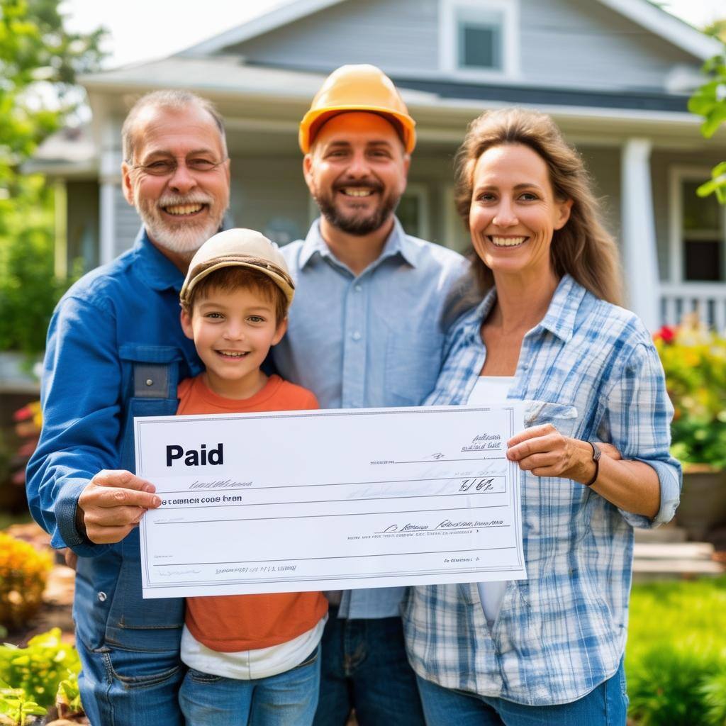 A happy family in front of a newly repaired home, holding an insurance check or repair invoice marked “Paid-2