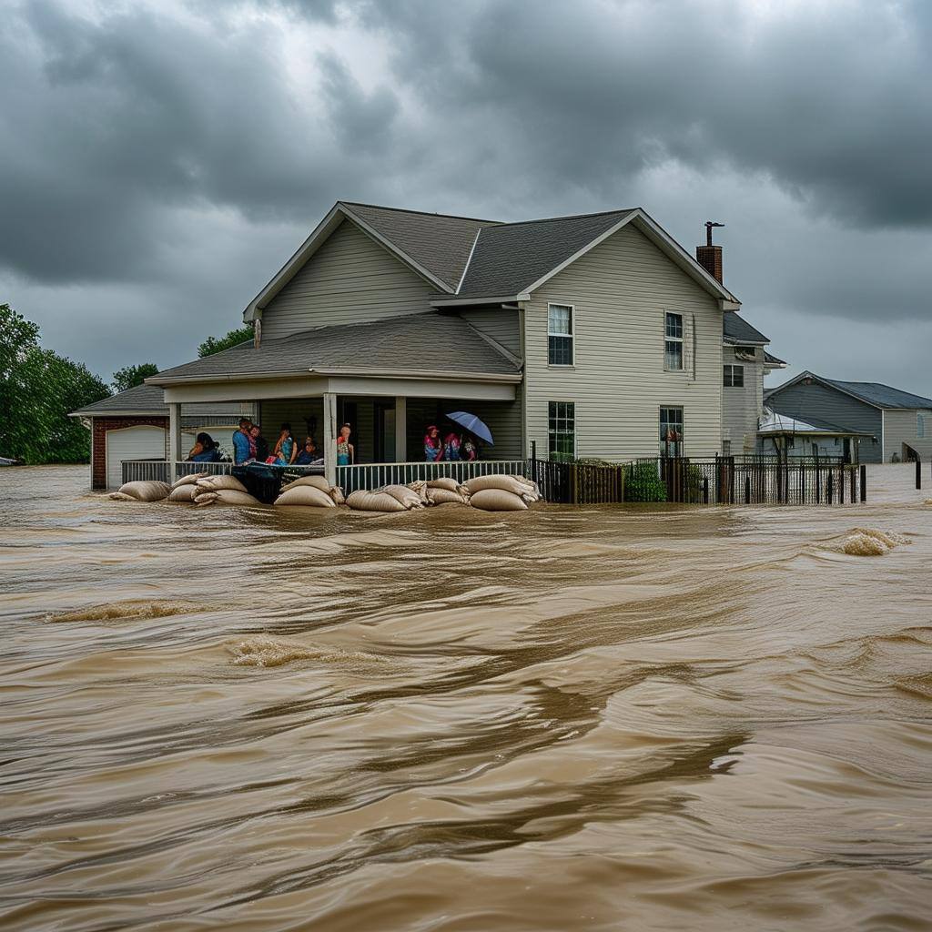 A house surrounded by rising floodwaters, with sandbags and barriers placed around it