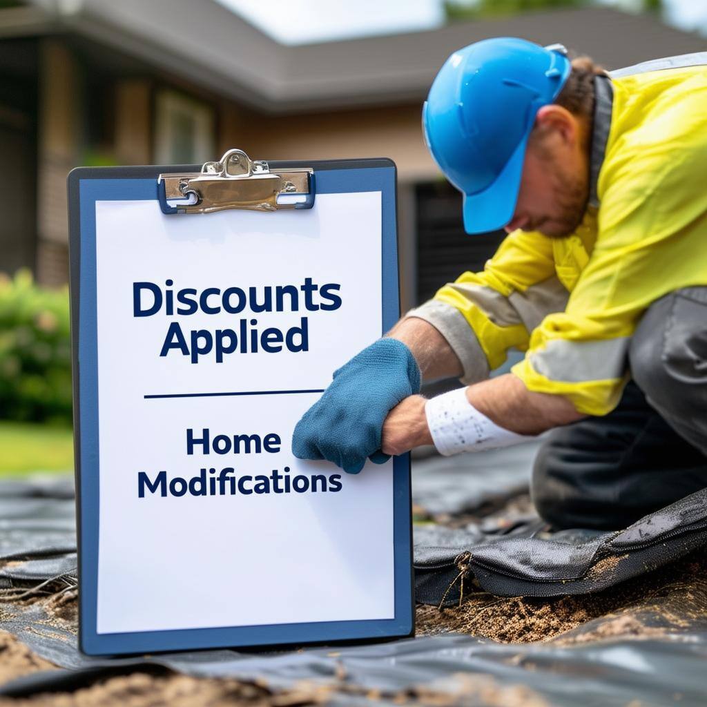 A person installing a flood barrier around their home, while a clipboard nearby shows Discounts Applied – Home Modifications