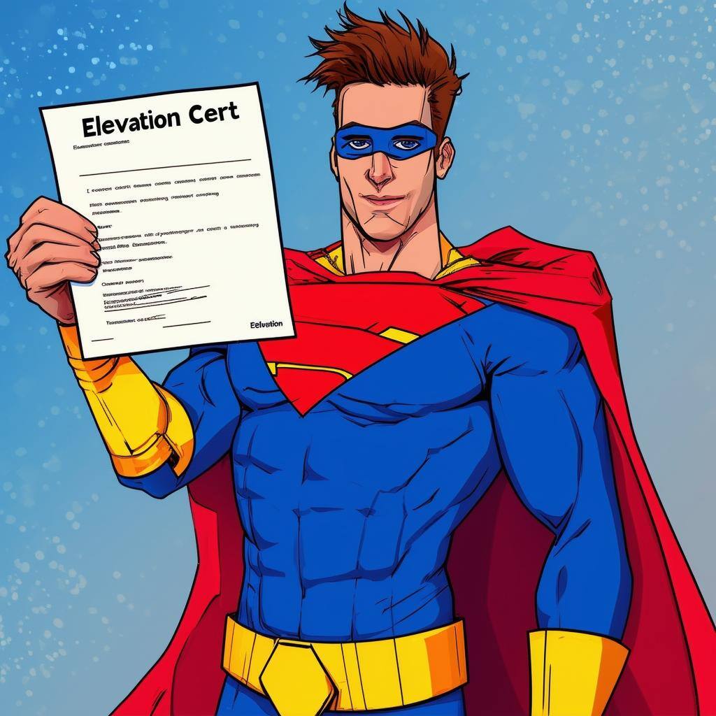 A superhero holding a piece of paper that says Elevation Cert