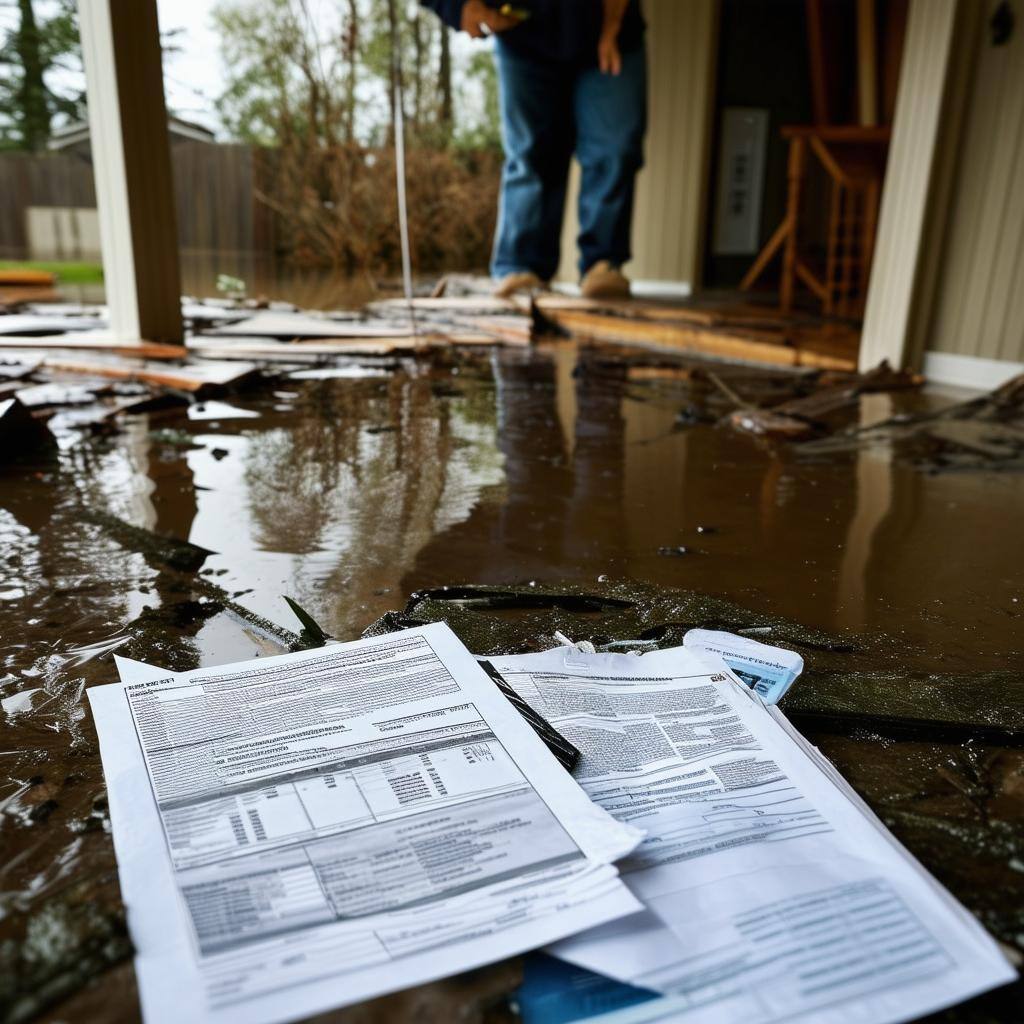 An image of a person assessing flooded property damage after a disaster, surrounded by documentation, insurance policies, and repair estimates