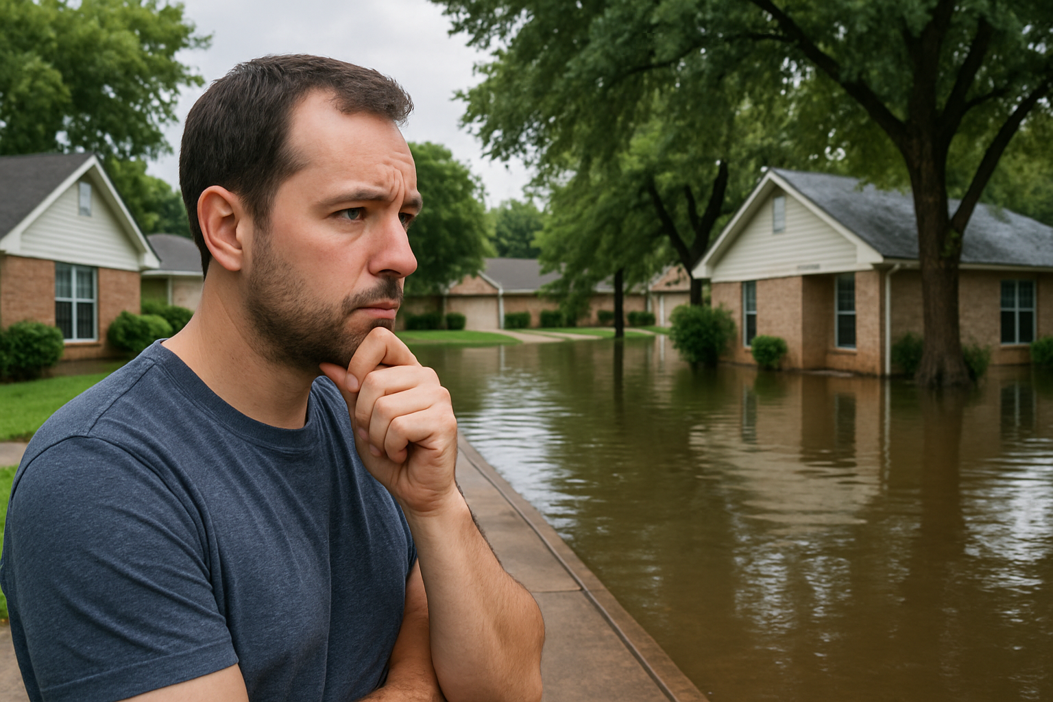 Show a homeowner who is thinking about flood zones use background that shows an area that is flooded on the right and an area without any flood the area must be showing a neighborhood or a residential area