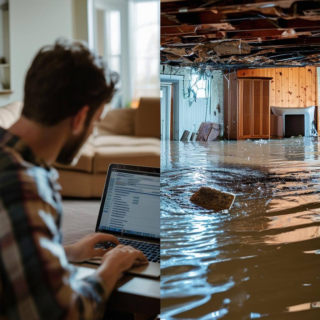 Split image showing two scenarios one half features a man looking at insurance options on a laptop, and the other half shows floodwaters inside a base