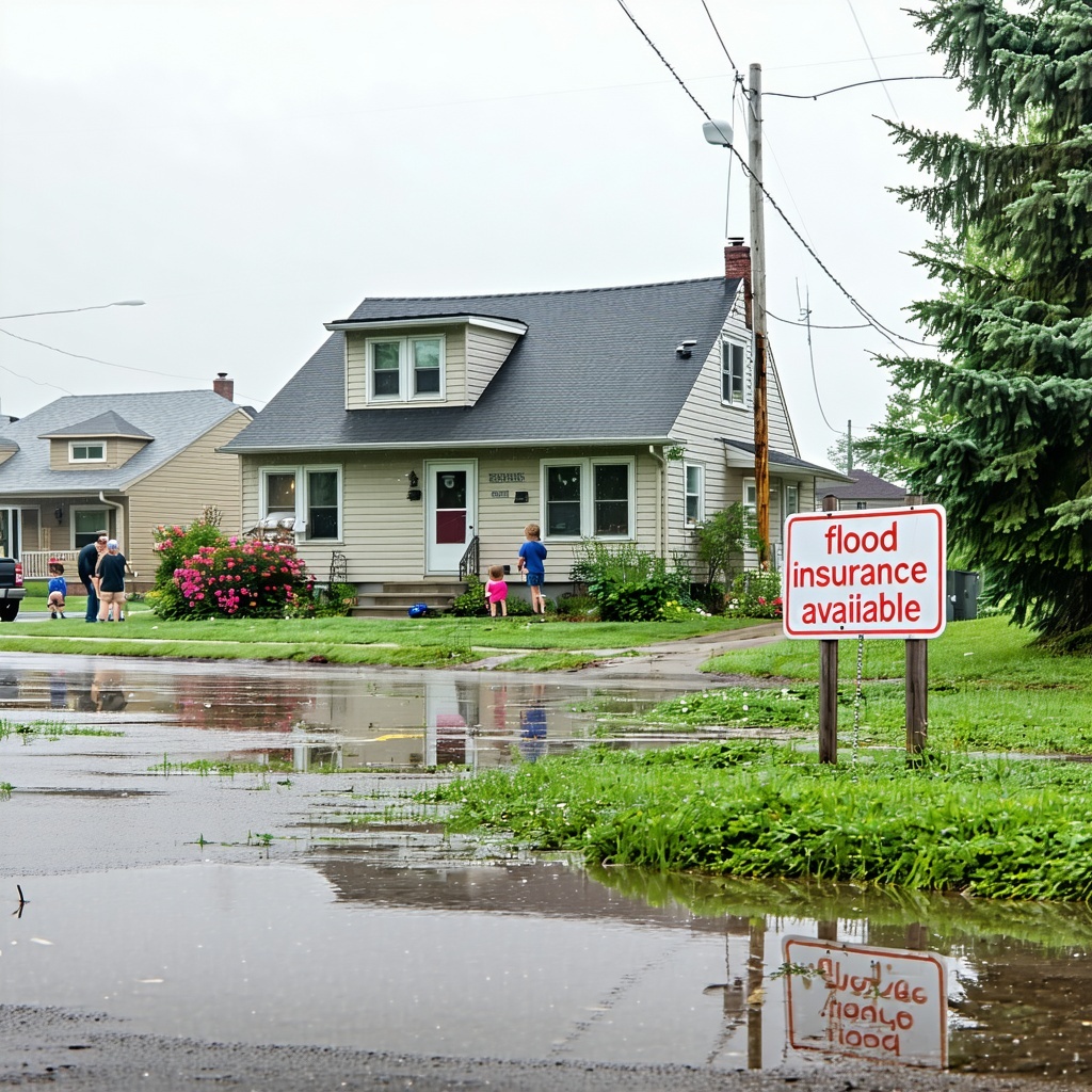 The image depicts a serene suburban neighborhood after a heavy rain with a focus on a modest singlefamily home The house painted in soft pastel colors stands resilient against the backdrop of gray skies Puddles of water collect in the front yard refl-1