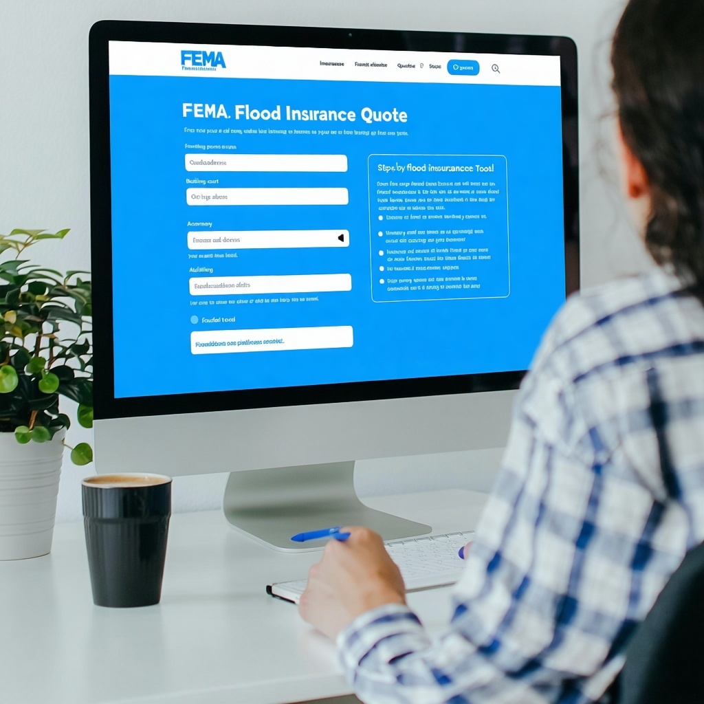 The image depicts a sleek modern computer screen displaying a userfriendly interface of FEMAs flood insurance quote tool The screen shows a vibrant blue background with clear white text outlining the stepbystep guide for obtaining a flood insurance