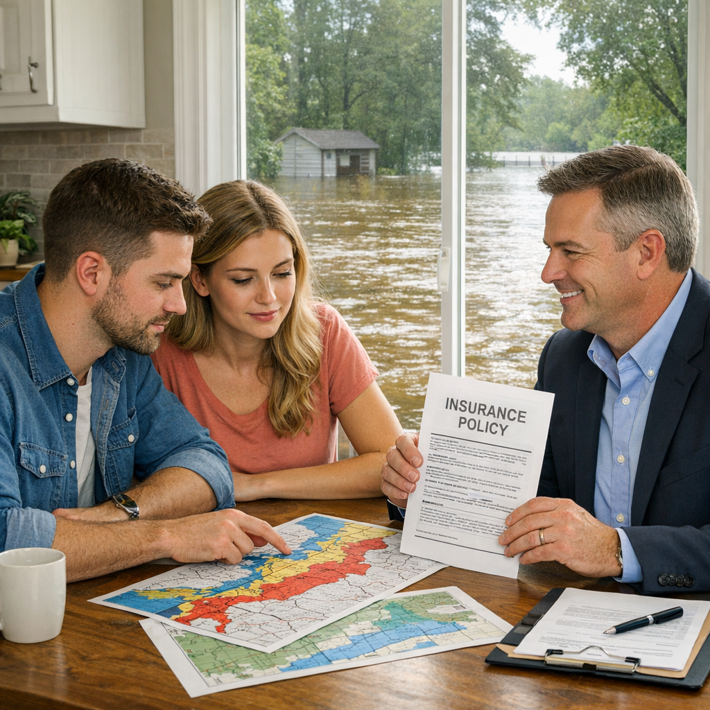 Young Couple Reviewing Flood Maps in Georgia Kitchen