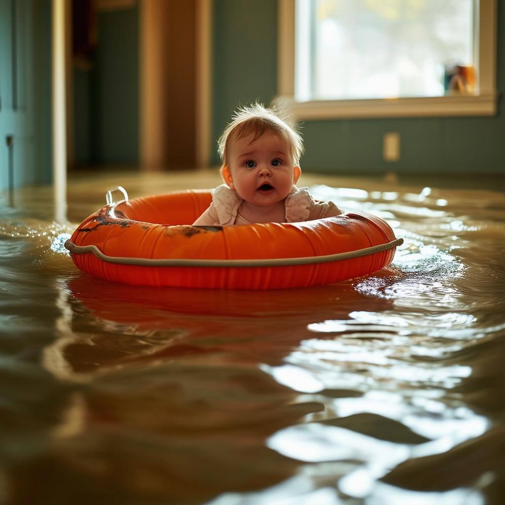 a baby floating in a life raft in a flooded house