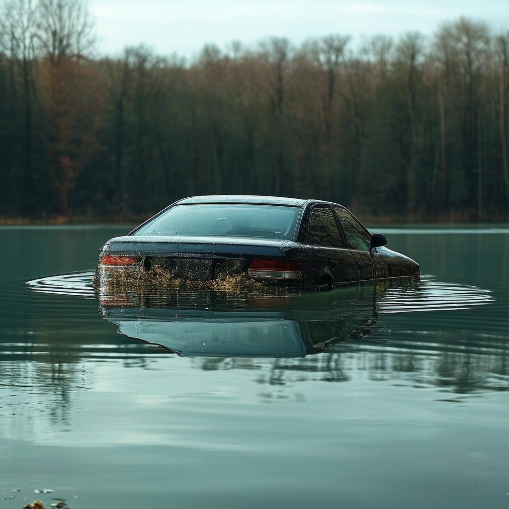 a car floating in a lake