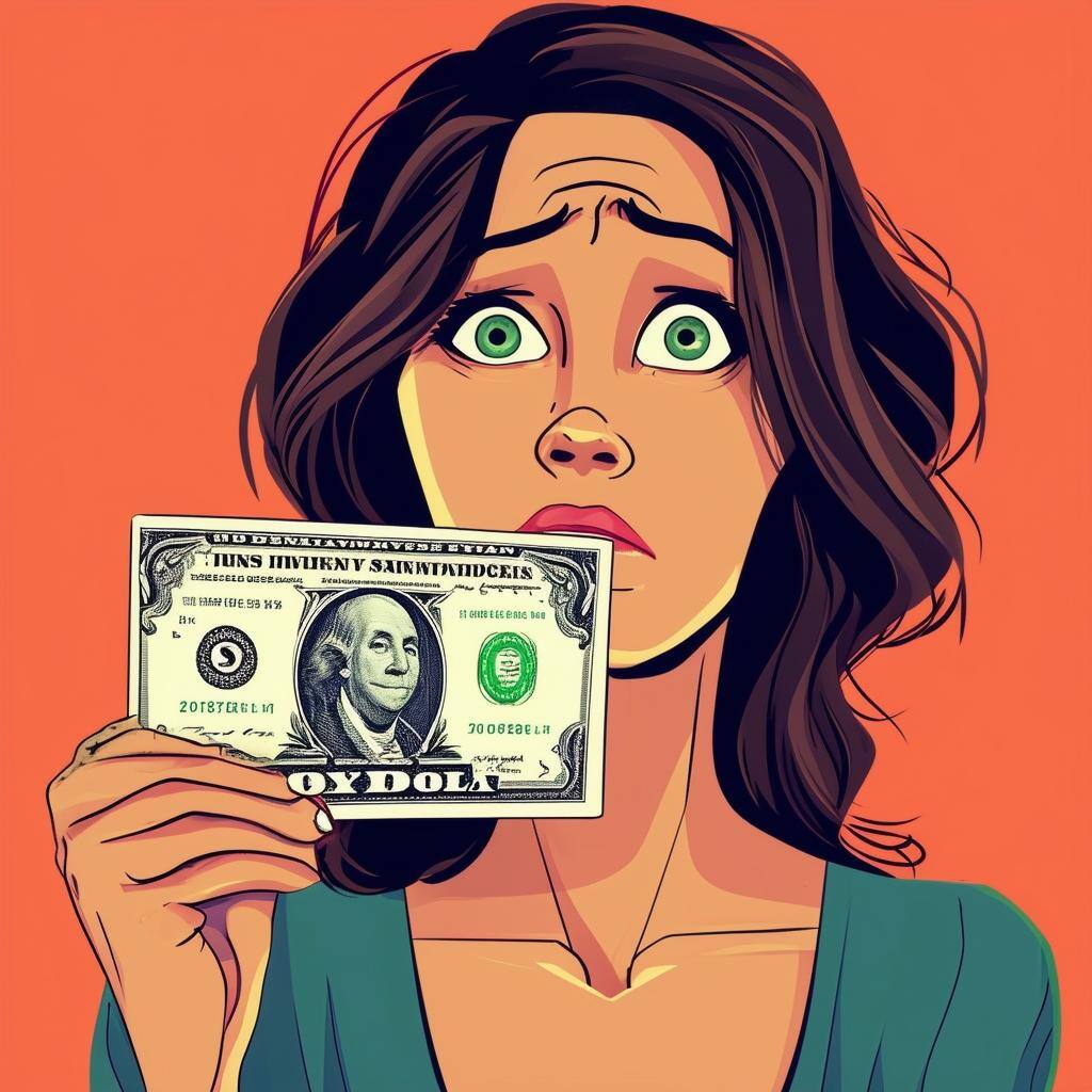 a confused woman holding up a dollar bill