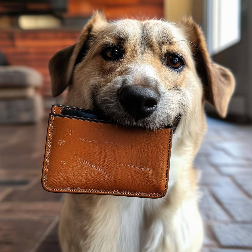 a dog holding a wallet in its mouth