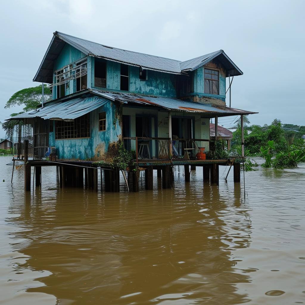 a flooded house on stilts