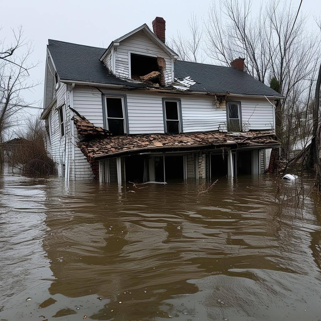a flooded house that is falling apart