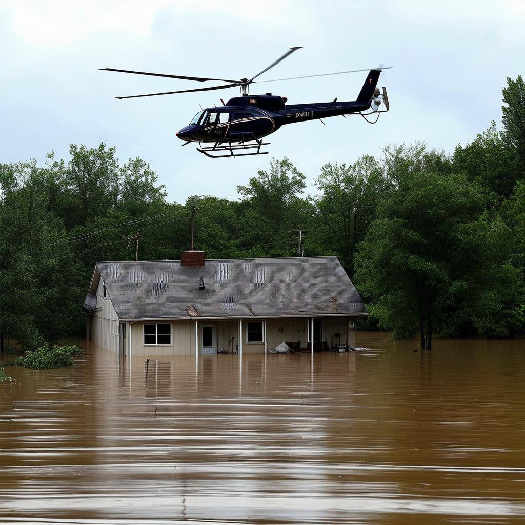 a flooded house with a helicopter above