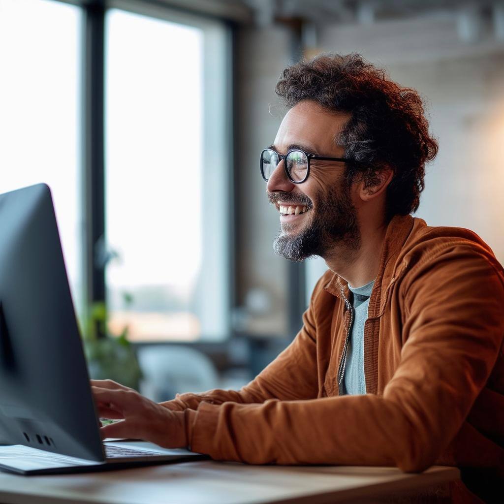 a happy man looking at his computer-1