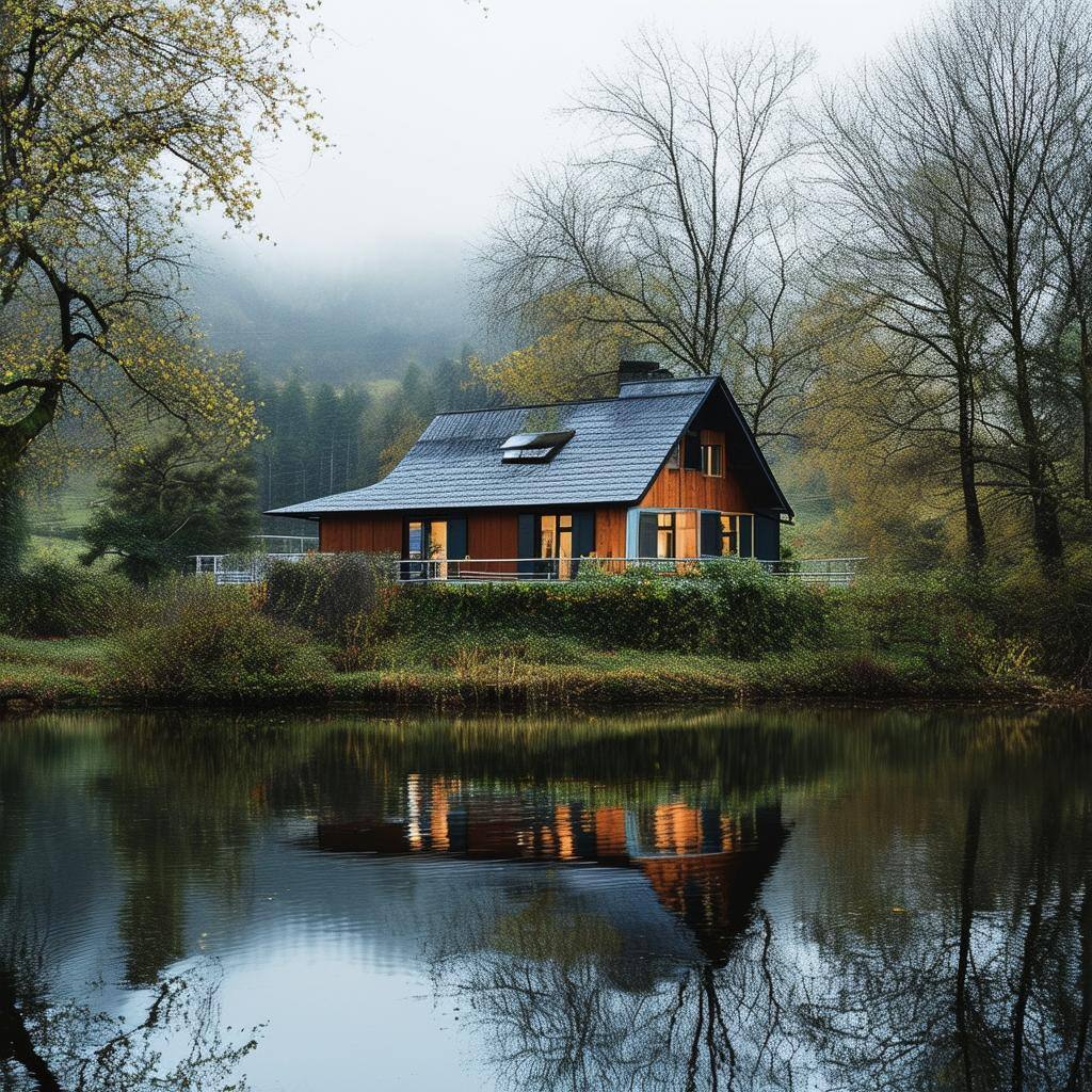 a house next to a lake
