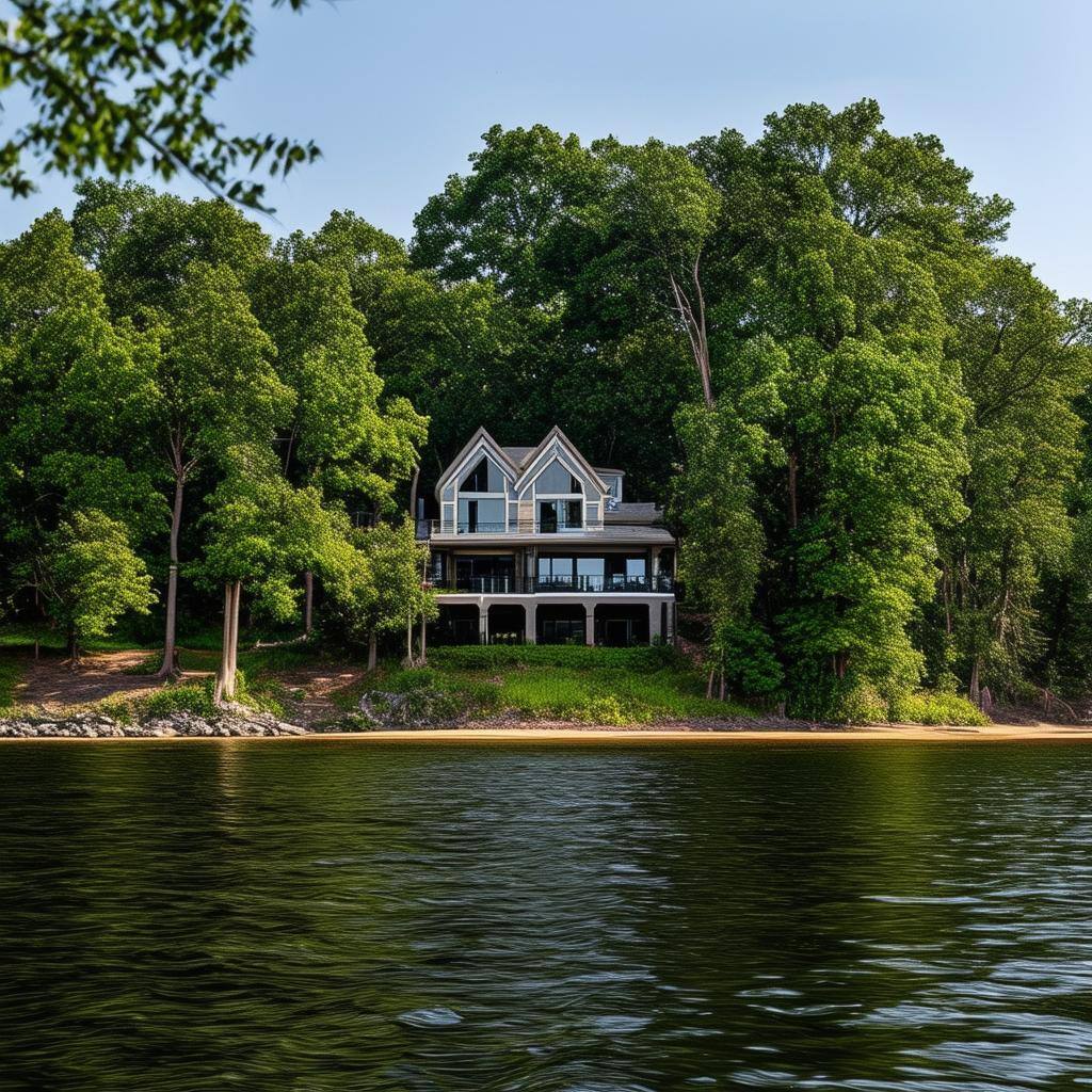a house surrounded by trees on riverfront