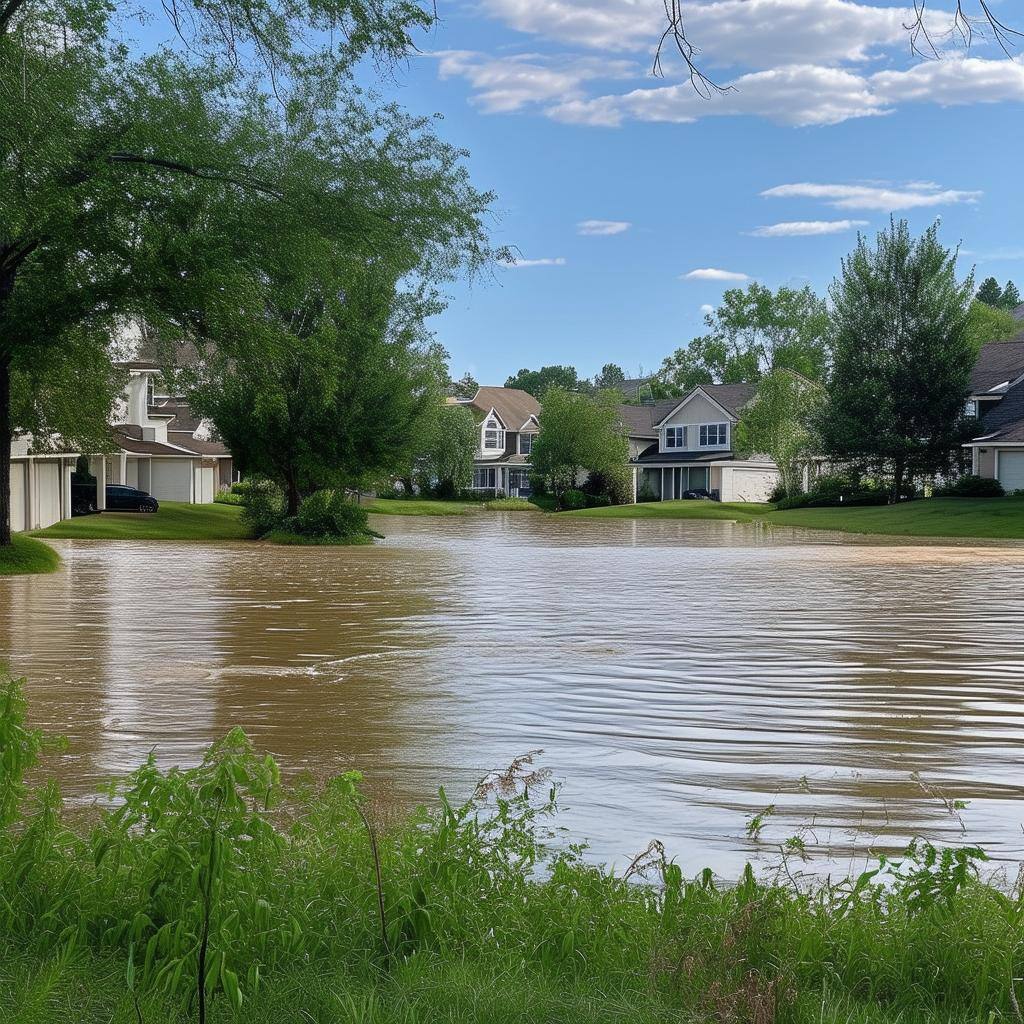 a lake overflowing onto a surrounding neighborhood