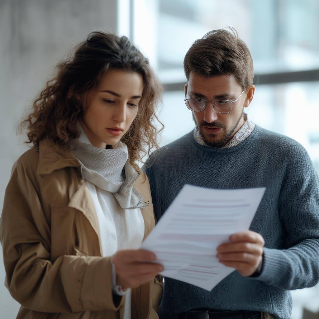 a man and woman looking at a document