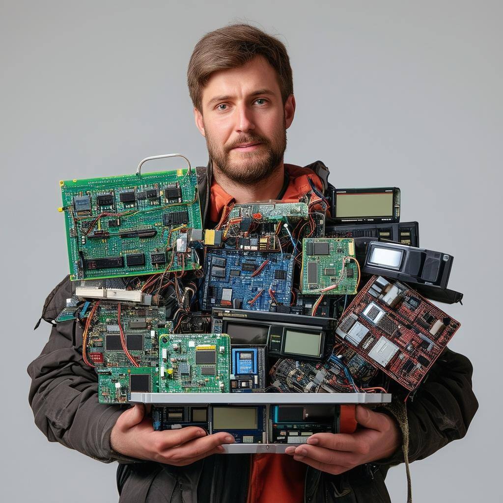 a man holding a lot of electronics