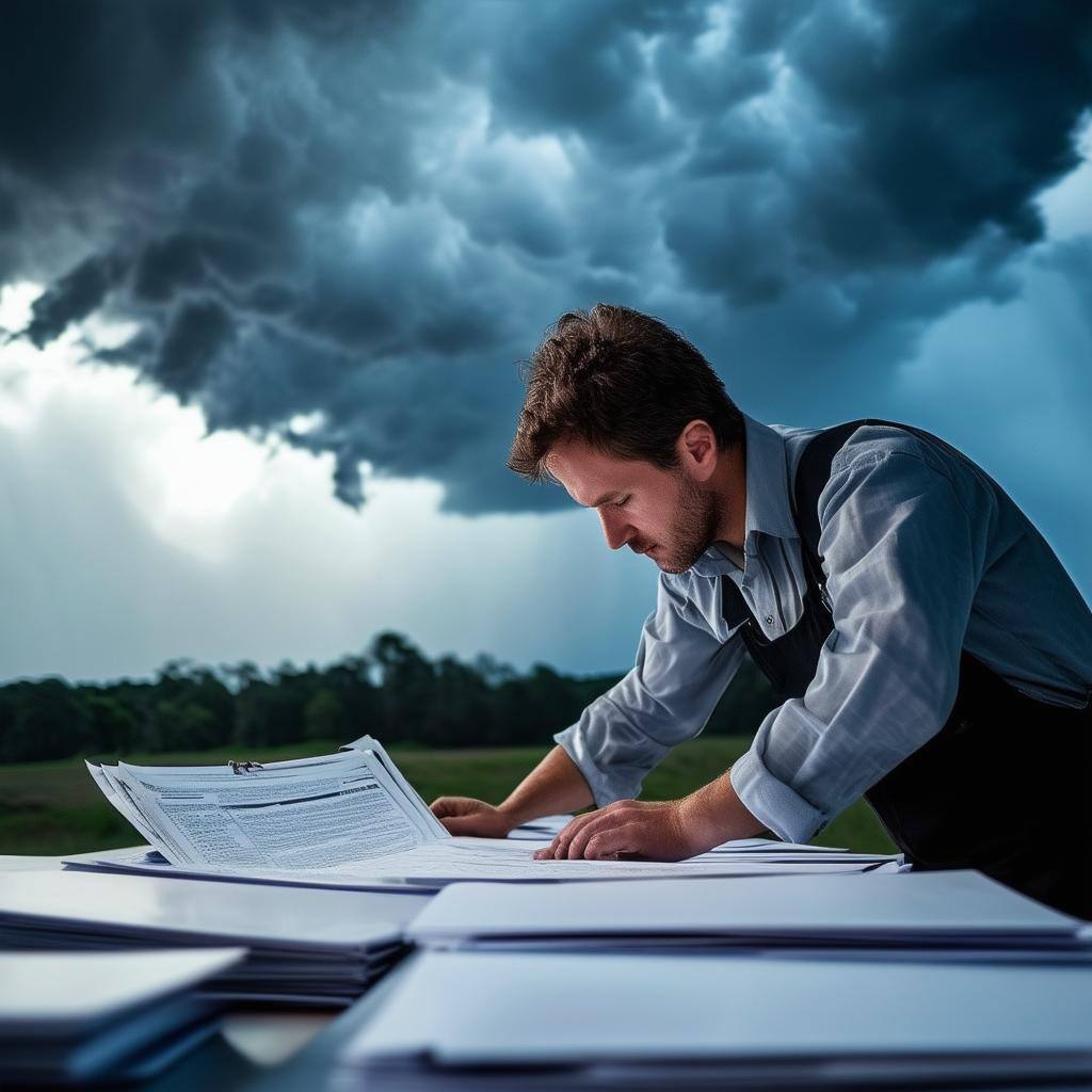a man preparing files with storm clouds in sky