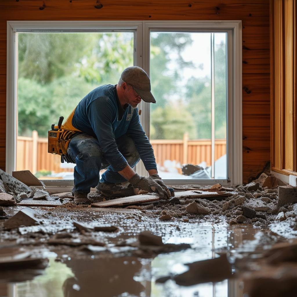 a man repairing a house with flood damage