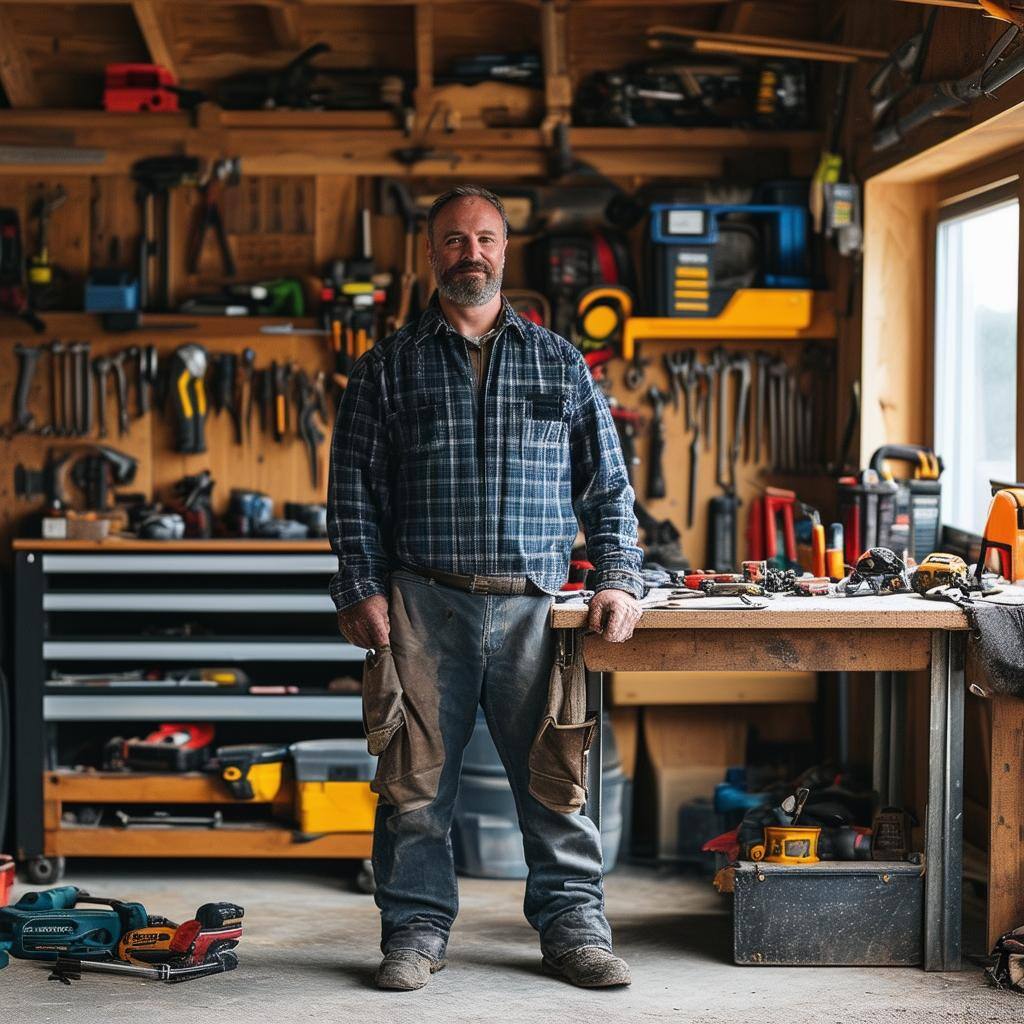 a man standing in a garage with a table of tools