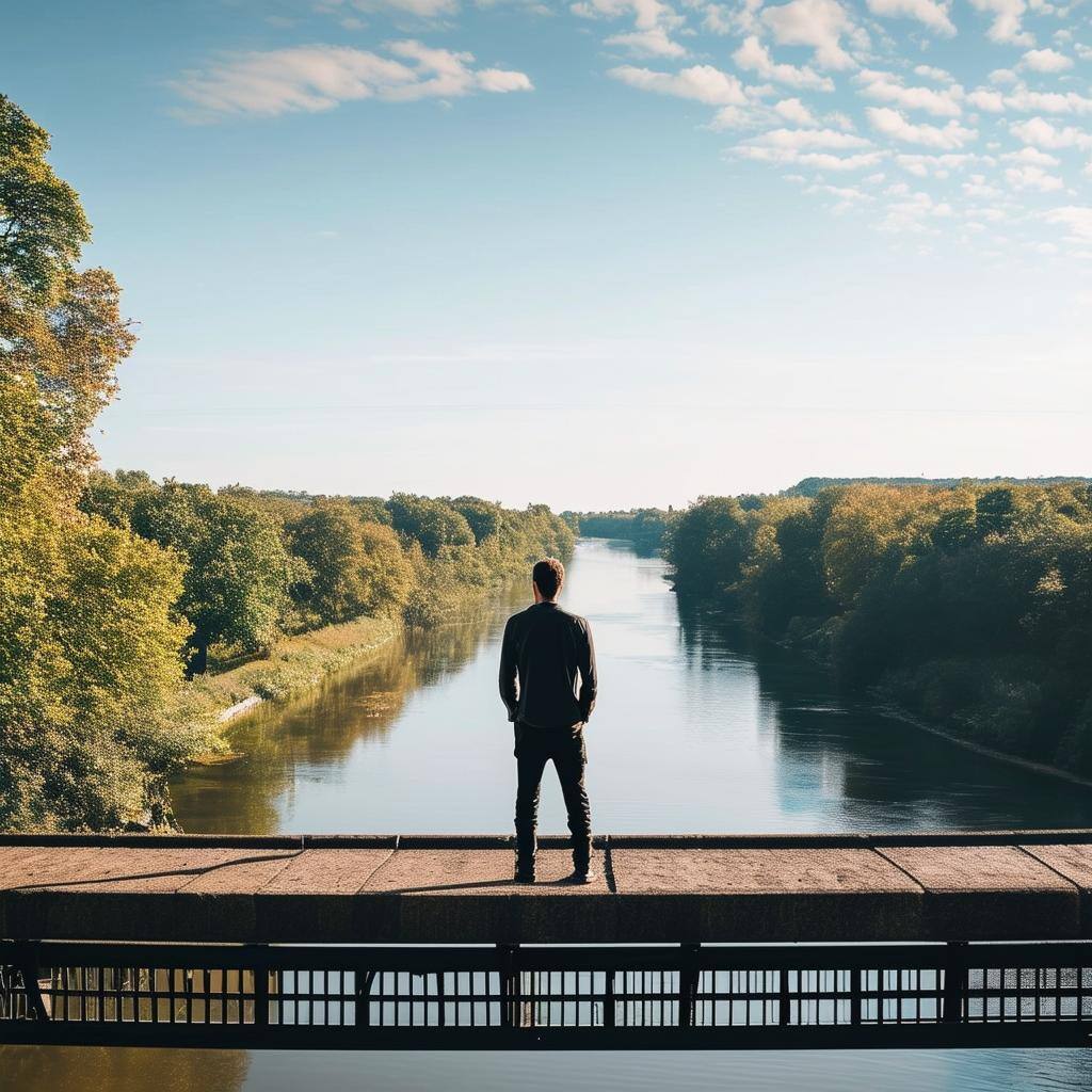 a man standing on a bridge looking down at a river