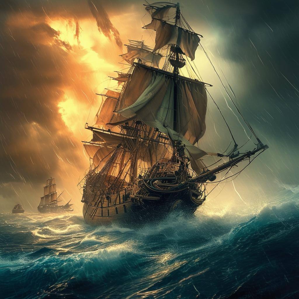 a pirate on a ship in the ocean with storms