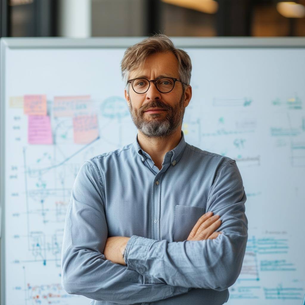 a professor standing in front of a white board