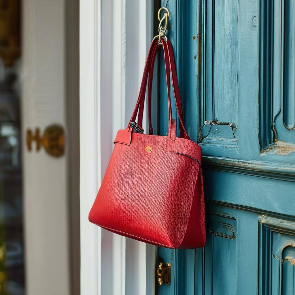 a purse hanging on a door