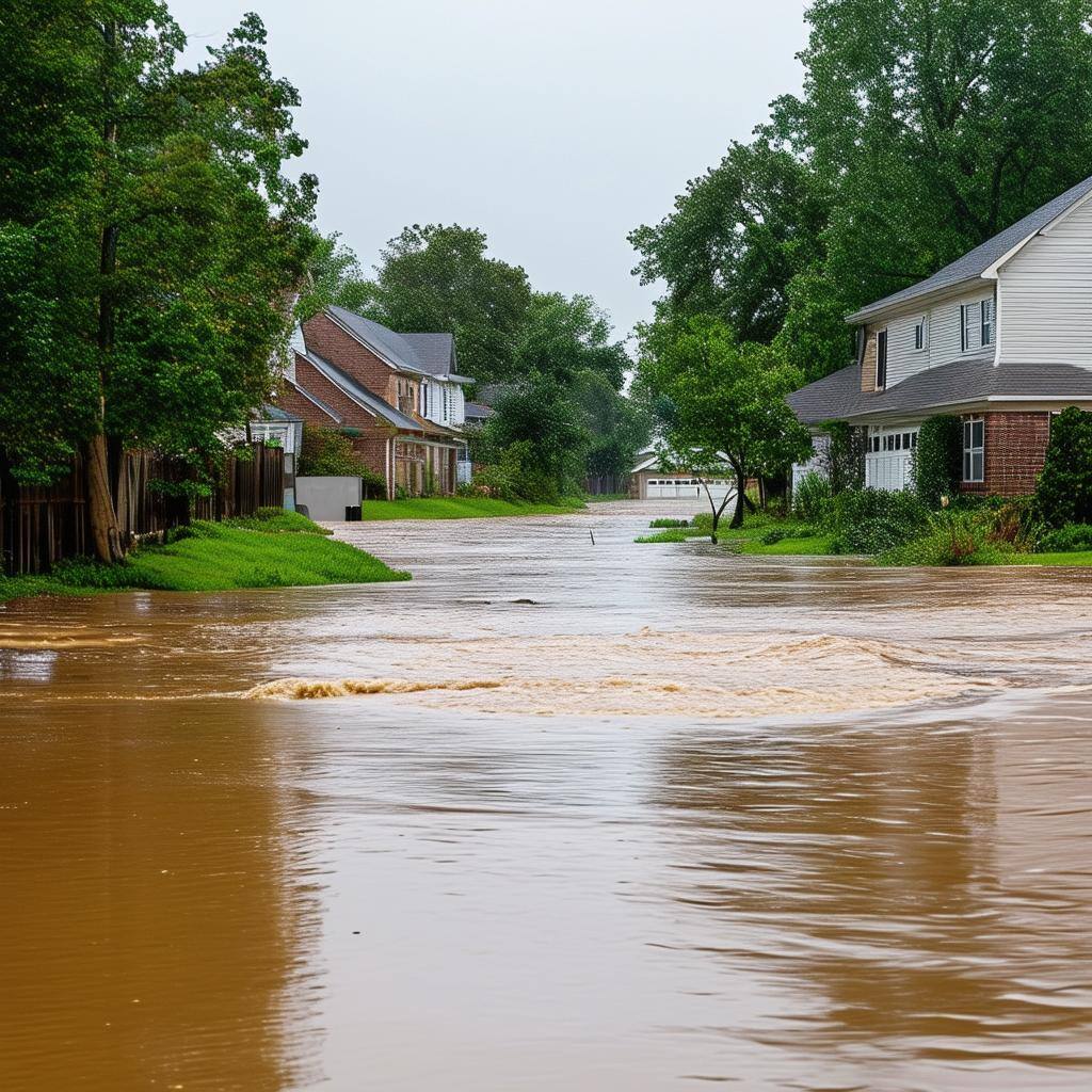 a river flooding into a neighborhood