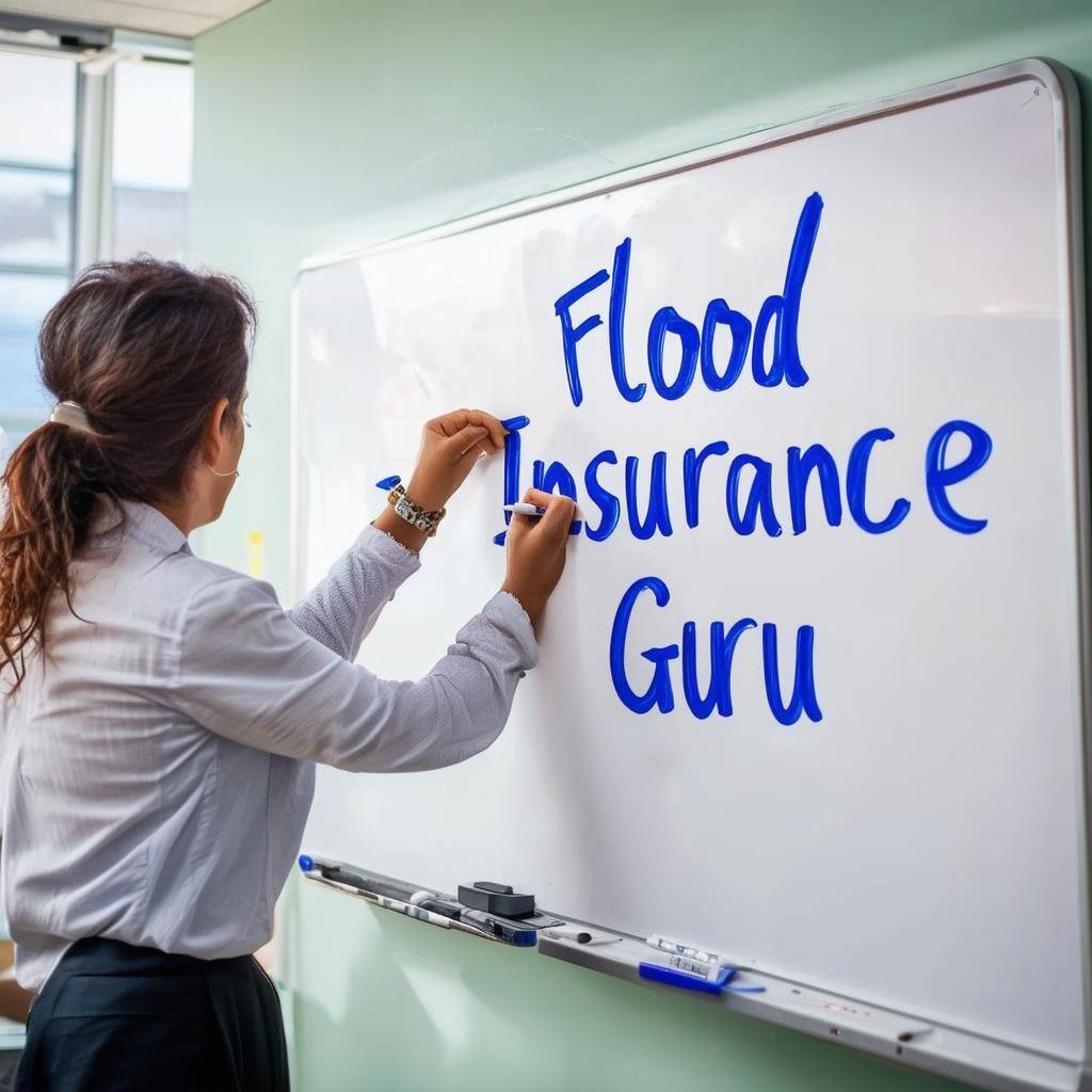a teacher writing the words Flood Insurance Guru on a whiteboard