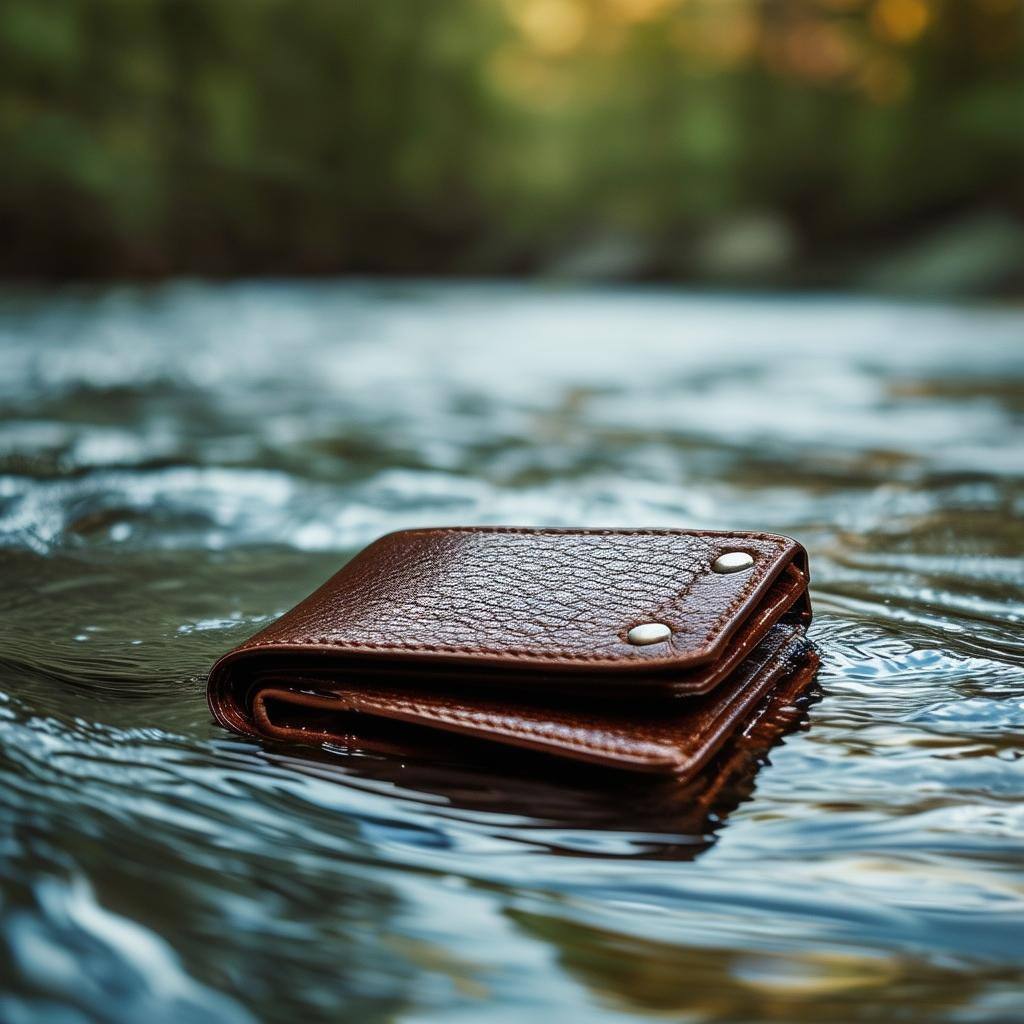 a wallet floating in a river