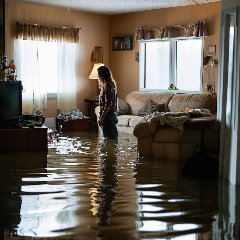 a woman looking at a flooded living room