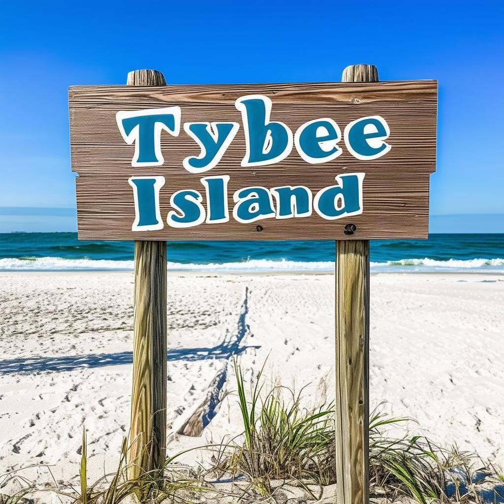 a wooden sign on a beach that says Tybee Island