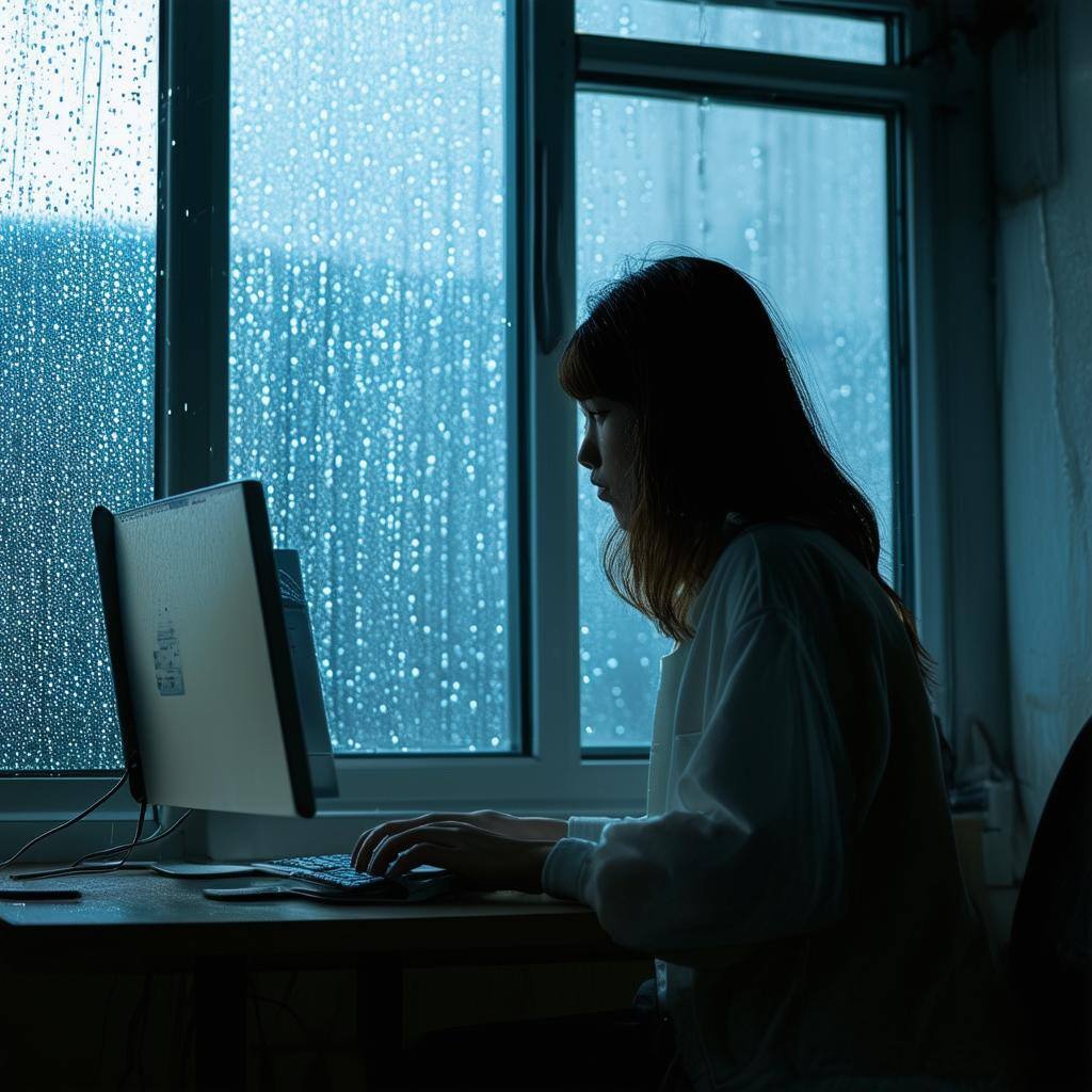 a young woman sitting in a dry room using a computer with rain in the window-2