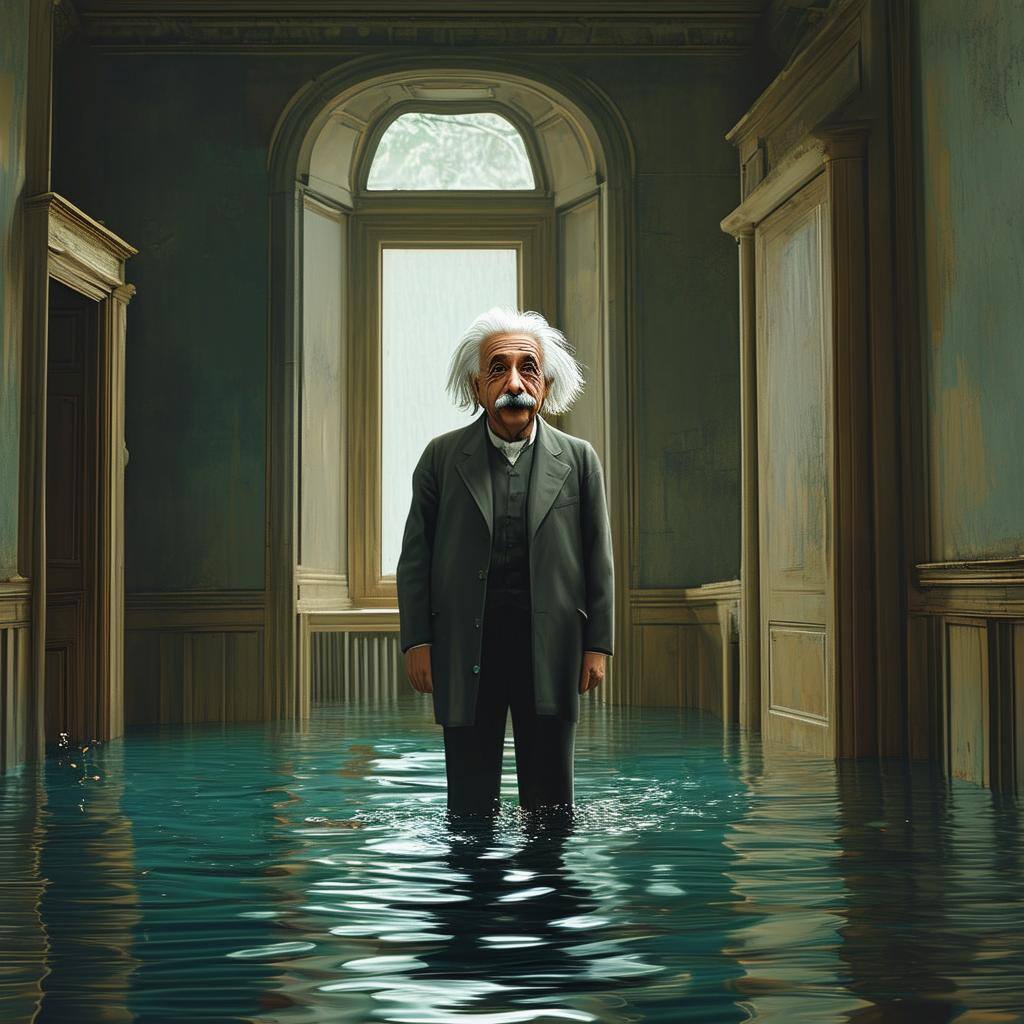albert einstein standing in a flooded room