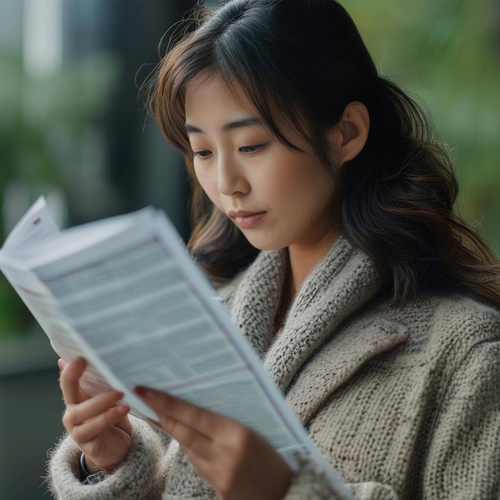 an interested asian lady reading a pamphlet