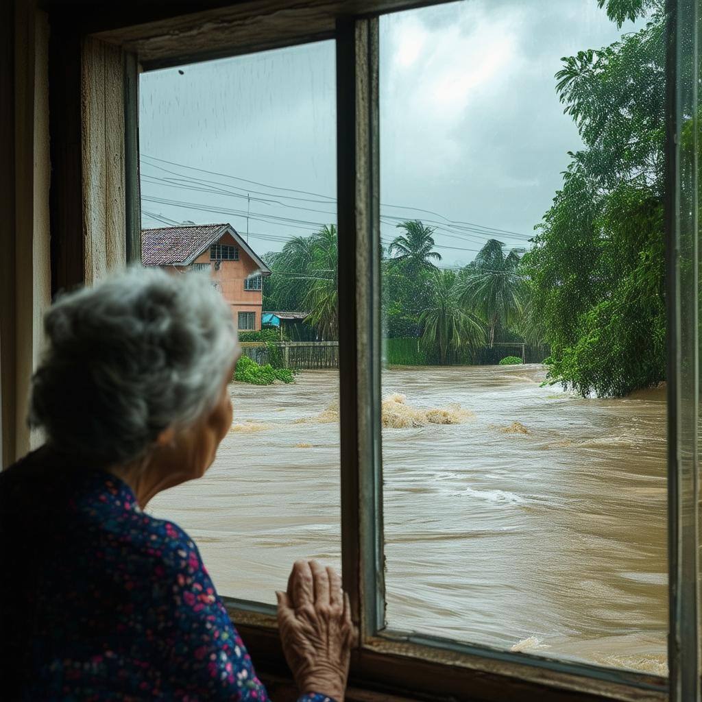 an old woman looking out her window at an incoming flood