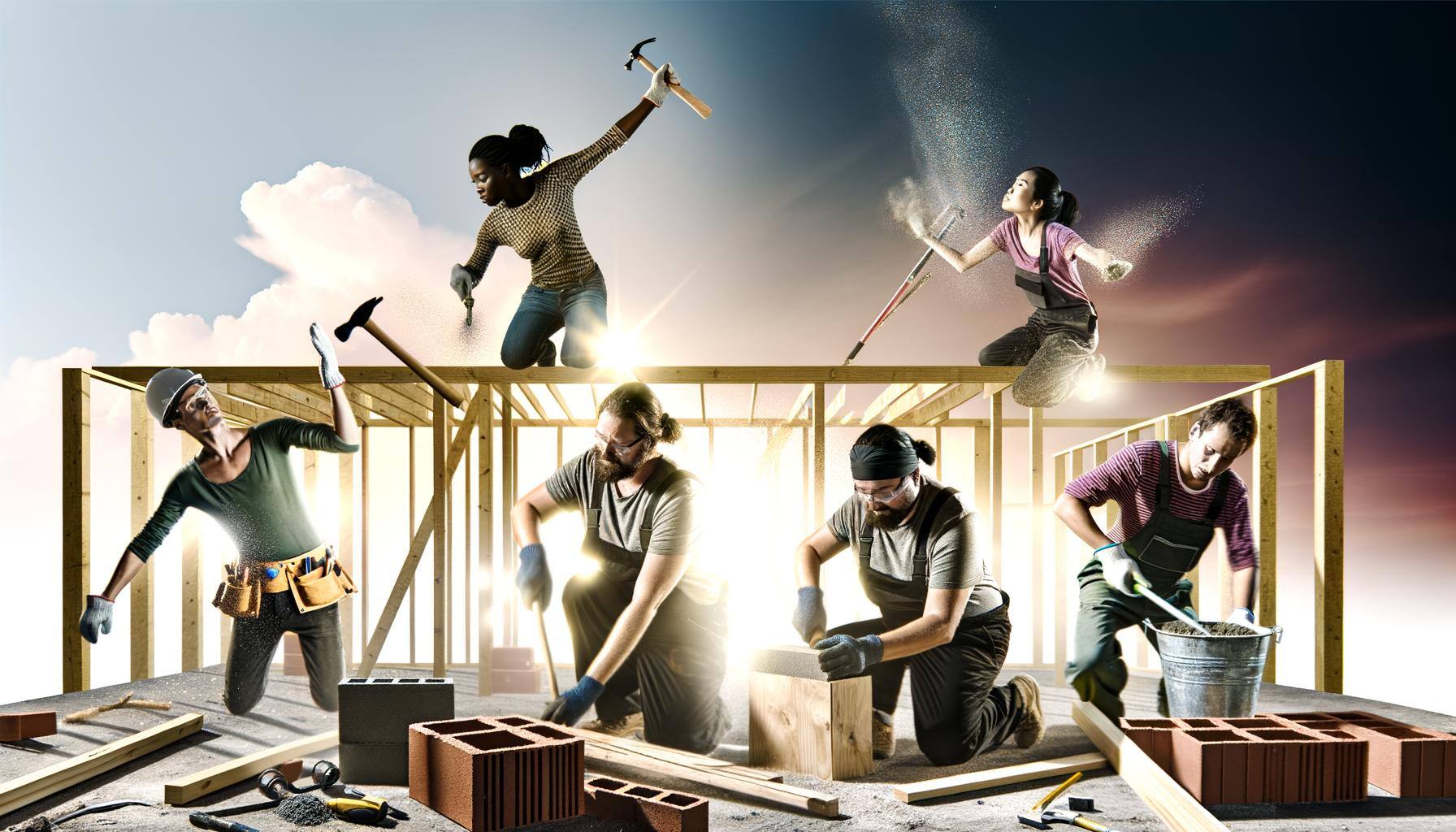 six people building a home