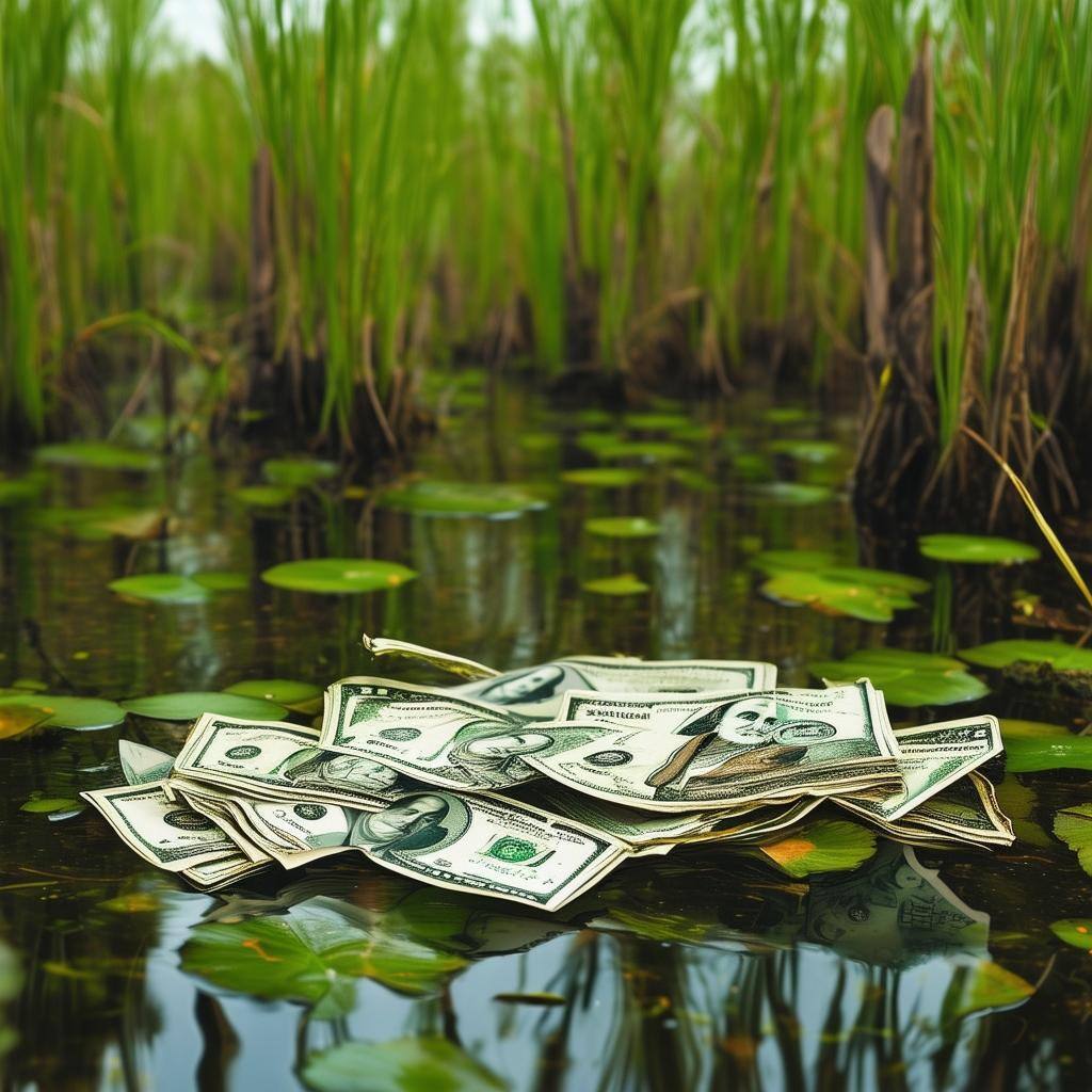 cash floating in a swampy marsh
