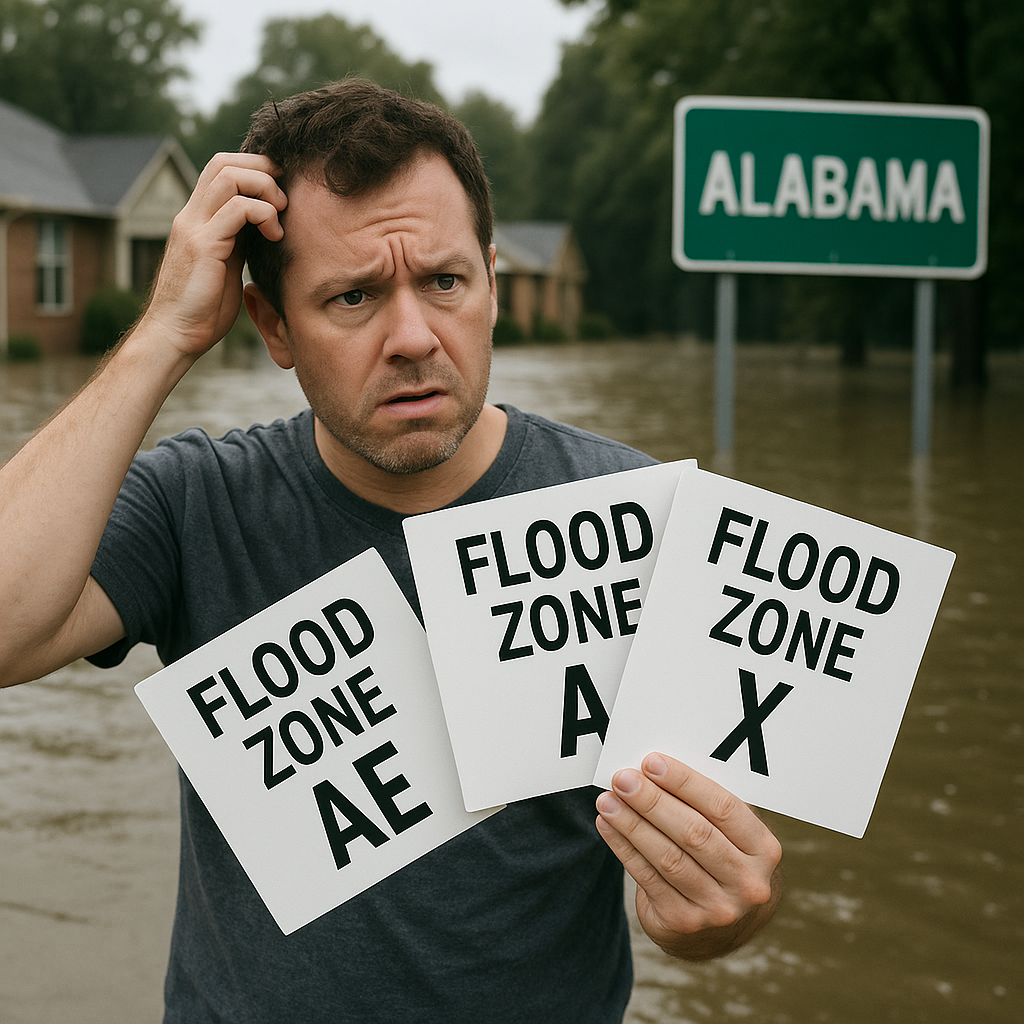 person confused about the different flood zones AE A X in Alabama with a flood in background